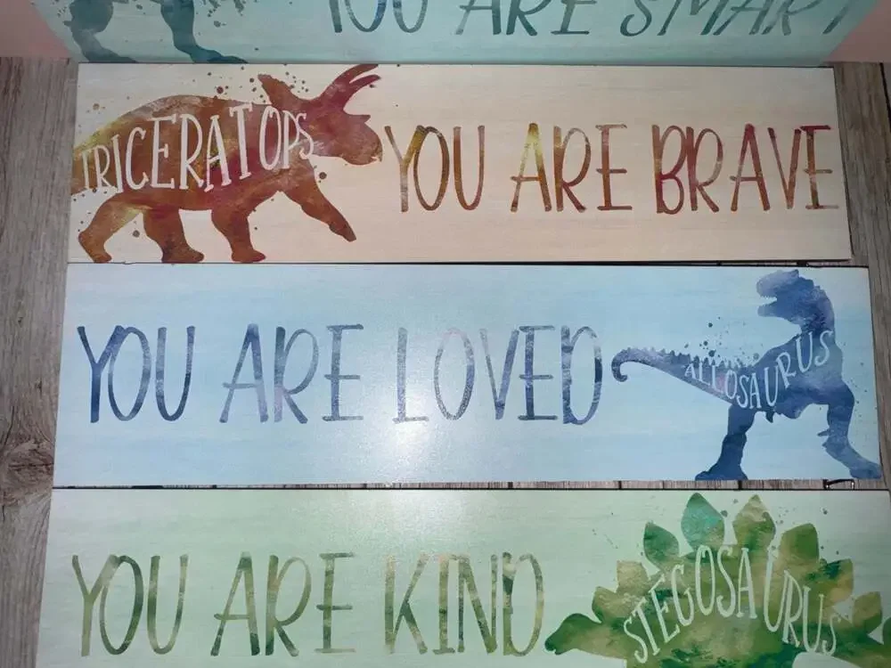 Set of 4 Dinosaur Inspirational Wooden Wall Art Plaque Decor for Kids Room - Picture 4 of 5